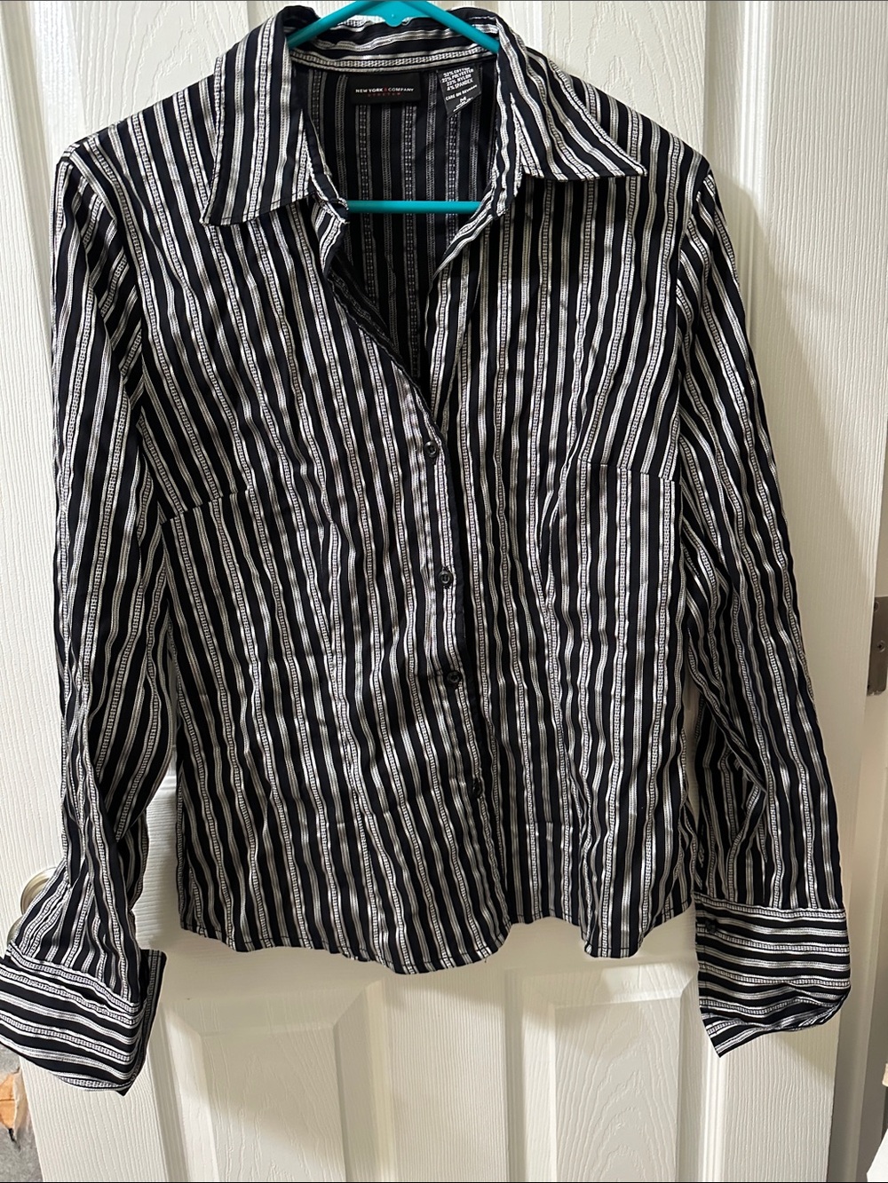 New York & Company Black and White Striped Button-Down Stretch Shirt